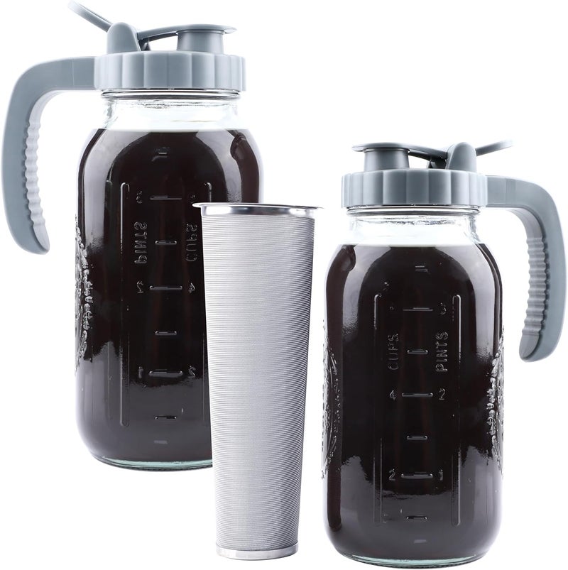 MBSRITY Cold Brew Coffee Maker 64 OZ 2 Pack Mason Jar Cold Brew Pitcher With Infuser 2 Quart Wide Mouth Iced Coffee Maker With Pour Spout Lid And Handle Half Gallon Airtight & Leakproof Pitcher For Fridge - Image 1
